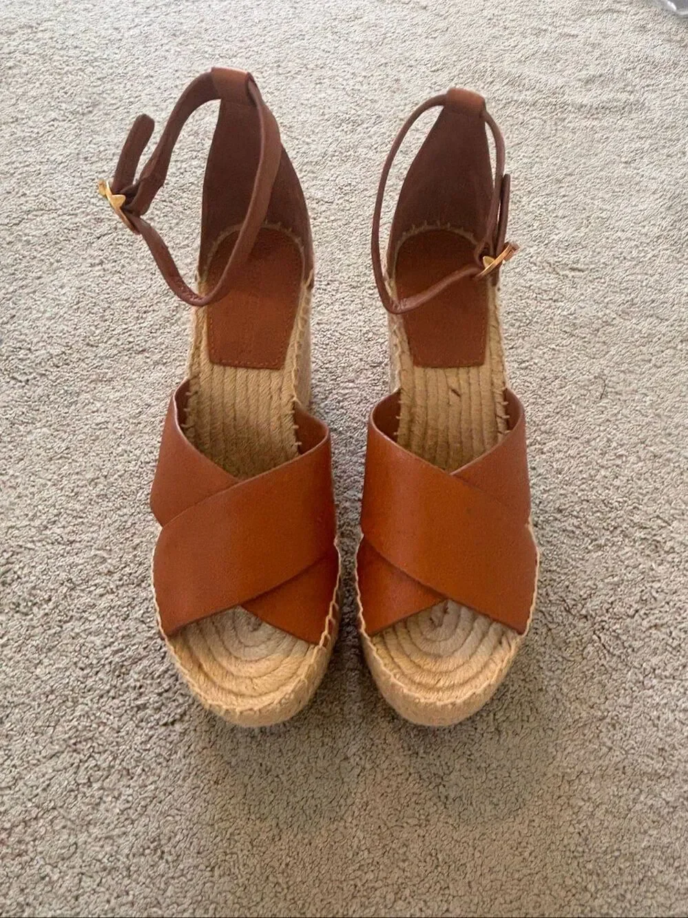 NWOB Tory Burch Brown Leather Espadrille Platform Wedge Sandals, Sz 6, $295